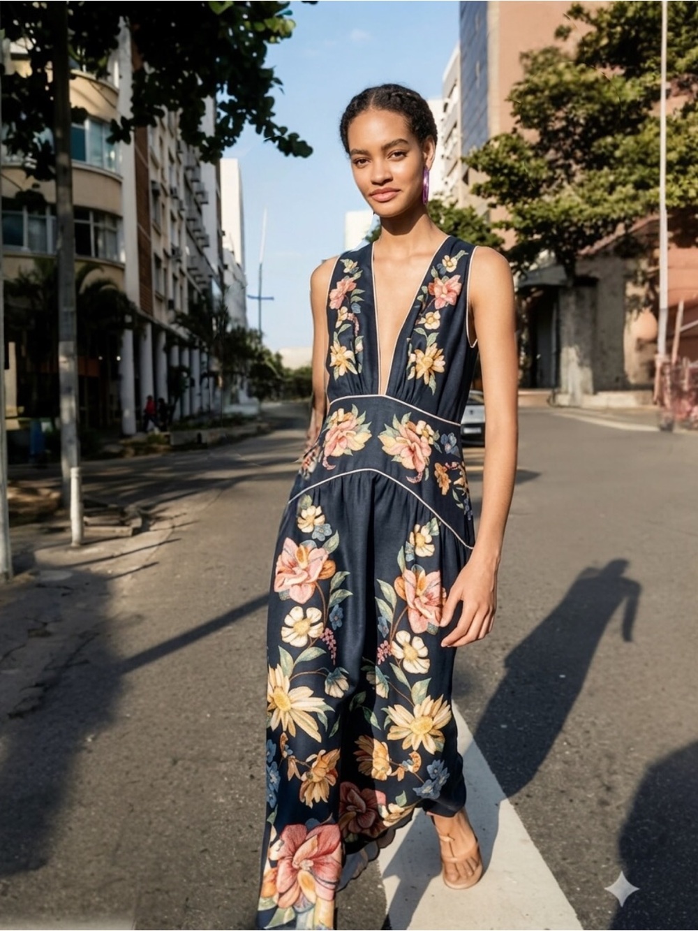Farm Rio Dark Blue Maira Floral Premium Linen Scalloped Hem Midi Dress  XL - Picture 2 of 12